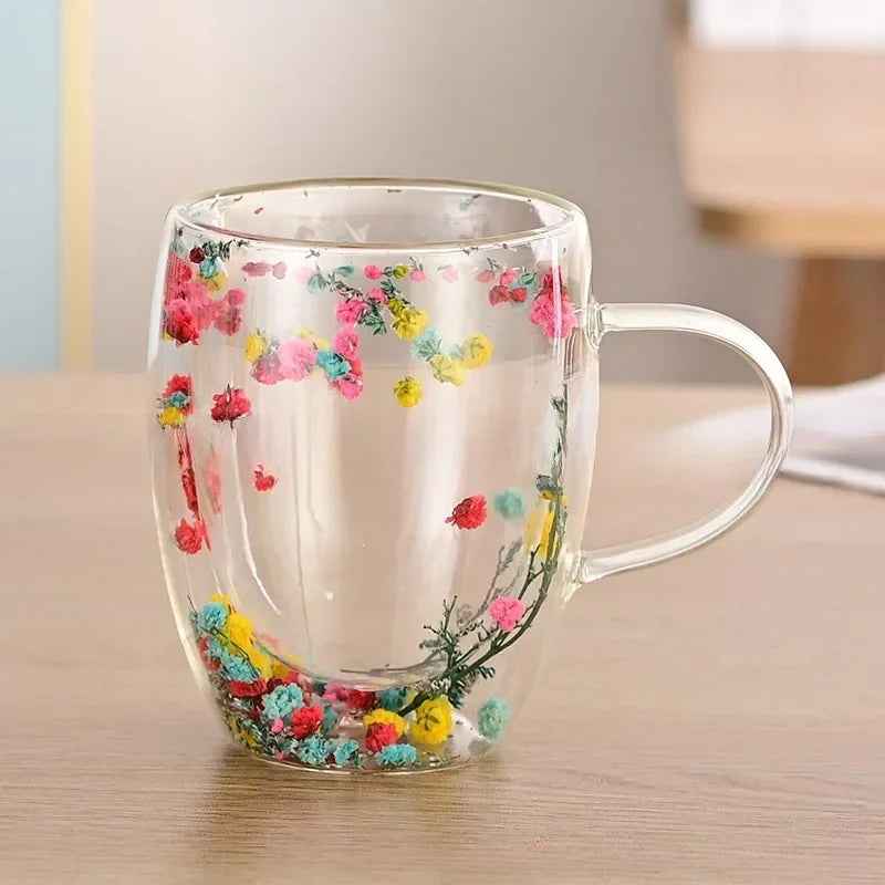Petal Glow Heat Resistant Glass Cup – Dried Flower Coffee & Tea Mug