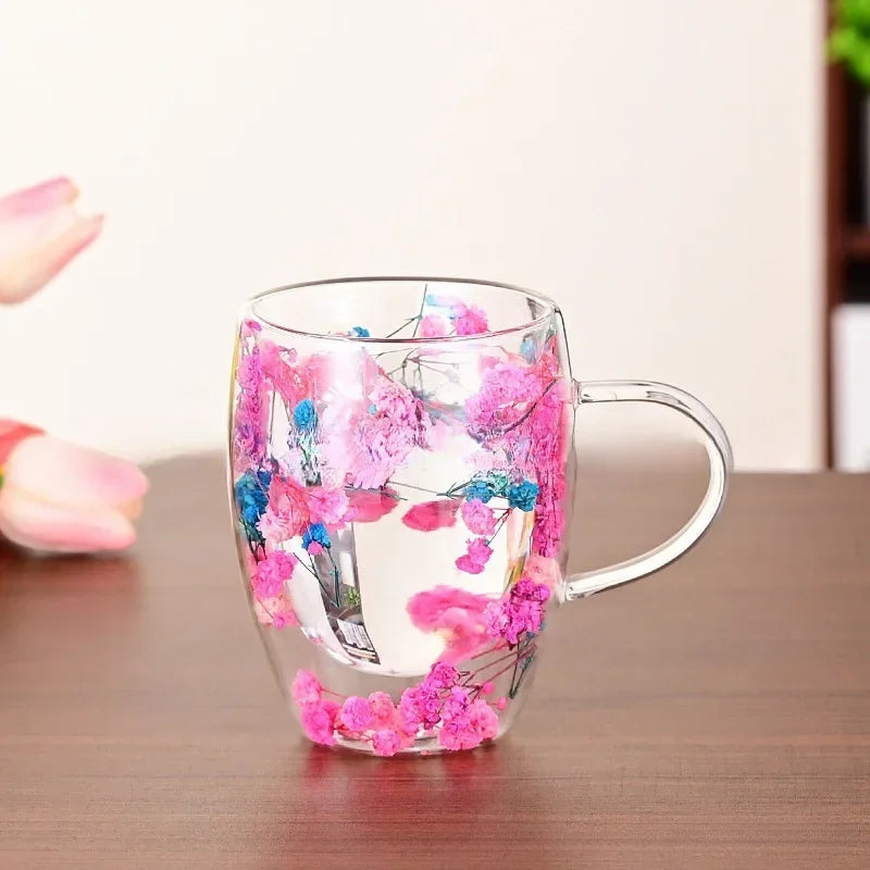 Petal Glow Heat Resistant Glass Cup – Dried Flower Coffee & Tea Mug