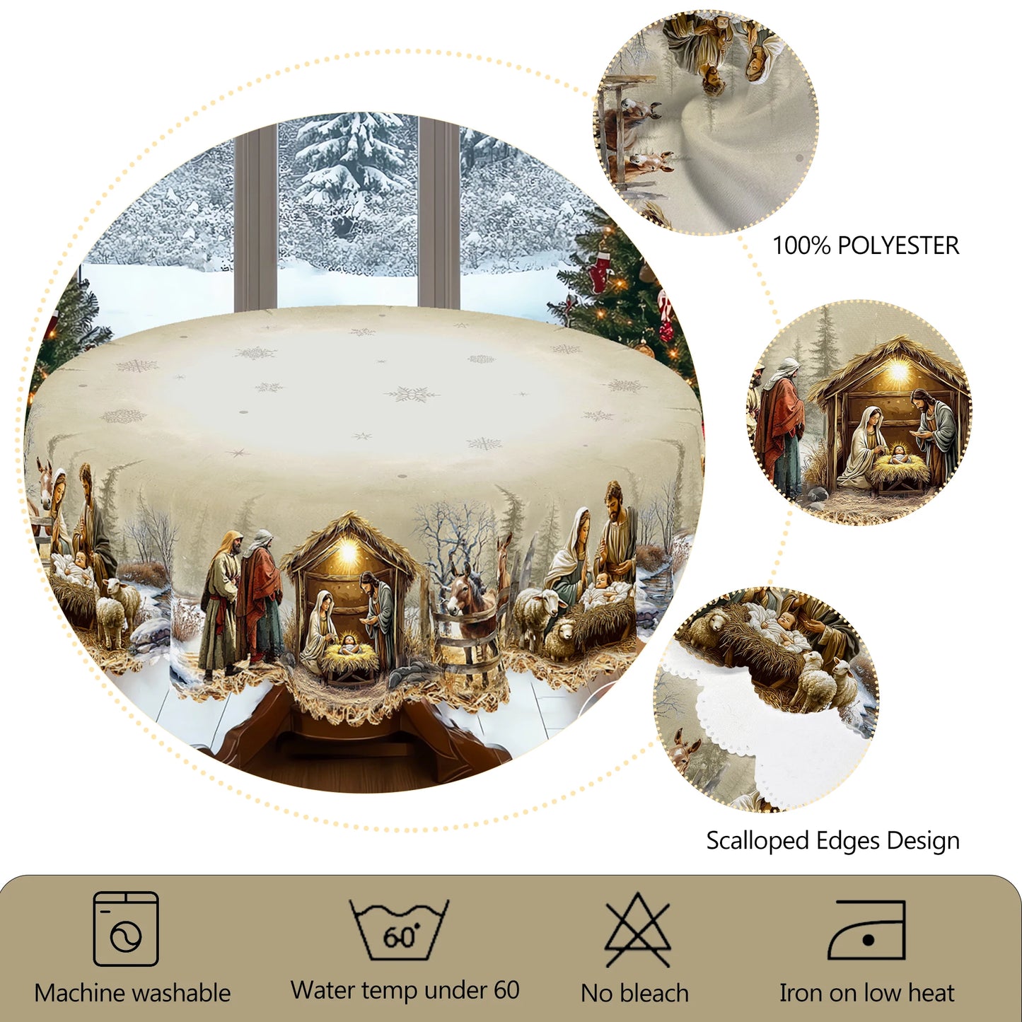 Christmas Nativity Scene Table Cover – Elegant Round & Rectangular Options