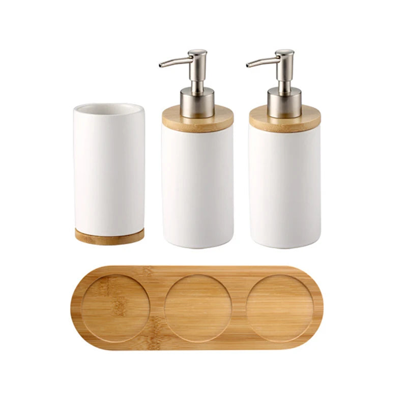 Elegant Ceramic Bathroom Trio – Soap Dispenser, Toothbrush Holder & Tumbler Set