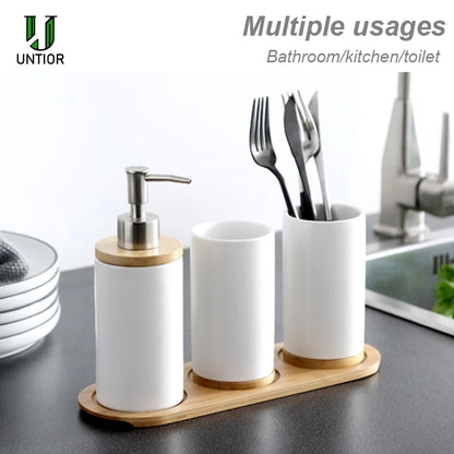 Elegant Ceramic Bathroom Trio – Soap Dispenser, Toothbrush Holder & Tumbler Set