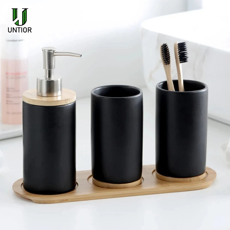Elegant Ceramic Bathroom Trio – Soap Dispenser, Toothbrush Holder & Tumbler Set