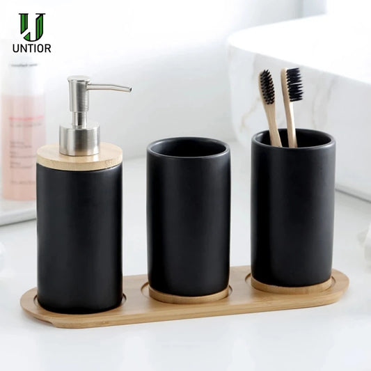 Elegant Ceramic Bathroom Trio – Soap Dispenser, Toothbrush Holder & Tumbler Set