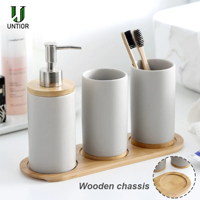 Elegant Ceramic Bathroom Trio – Soap Dispenser, Toothbrush Holder & Tumbler Set