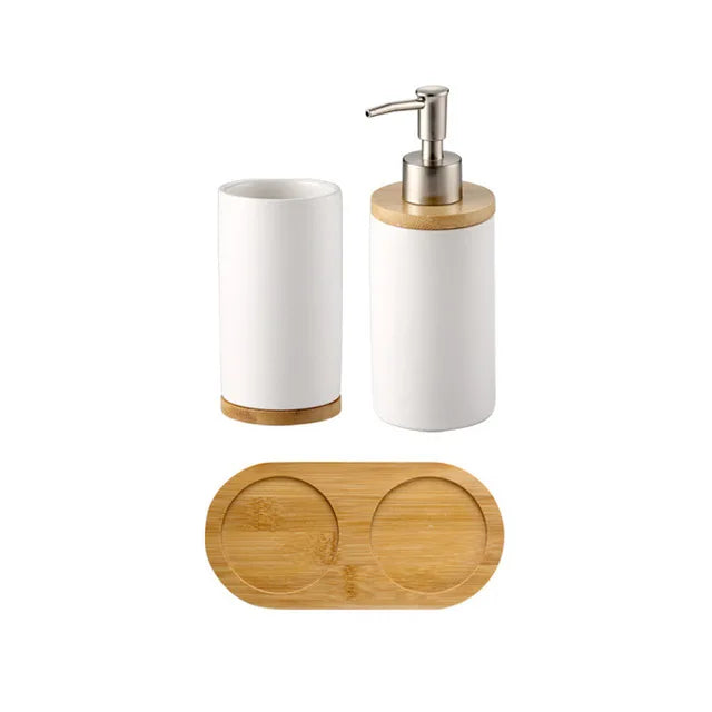 Elegant Ceramic Bathroom Trio – Soap Dispenser, Toothbrush Holder & Tumbler Set