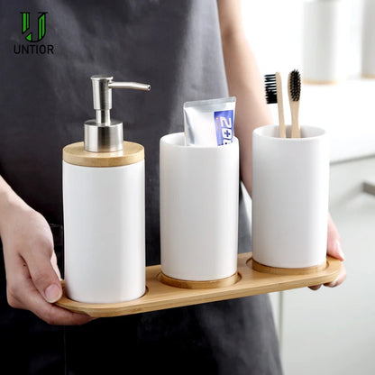 Elegant Ceramic Bathroom Trio – Soap Dispenser, Toothbrush Holder & Tumbler Set
