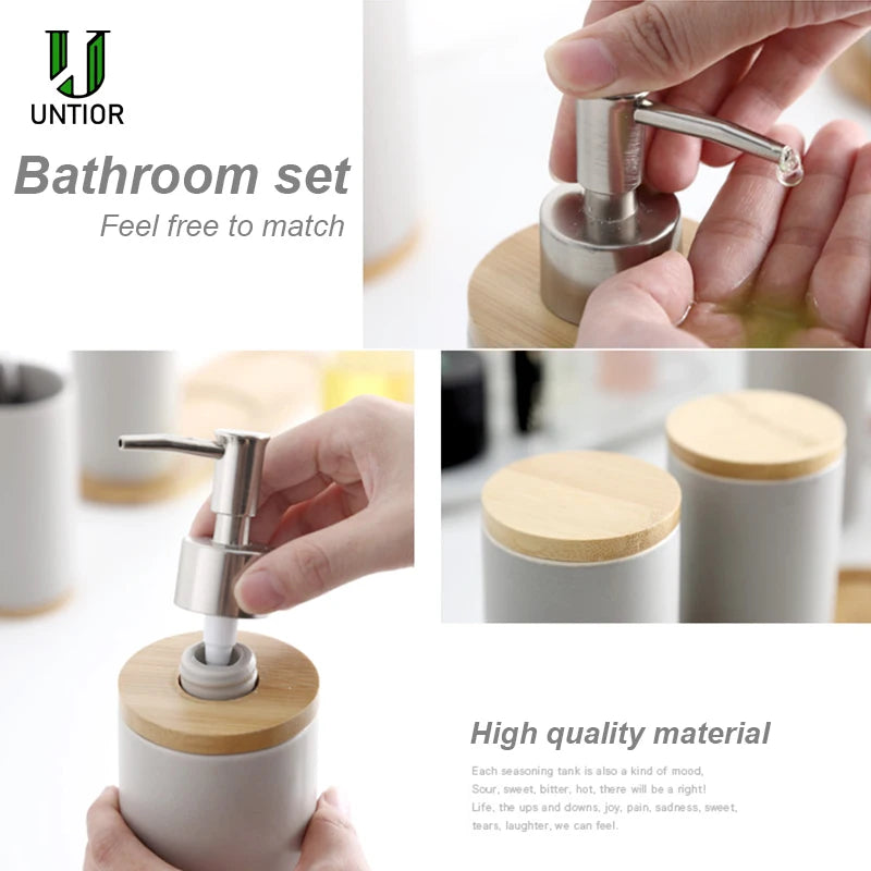 Elegant Ceramic Bathroom Trio – Soap Dispenser, Toothbrush Holder & Tumbler Set