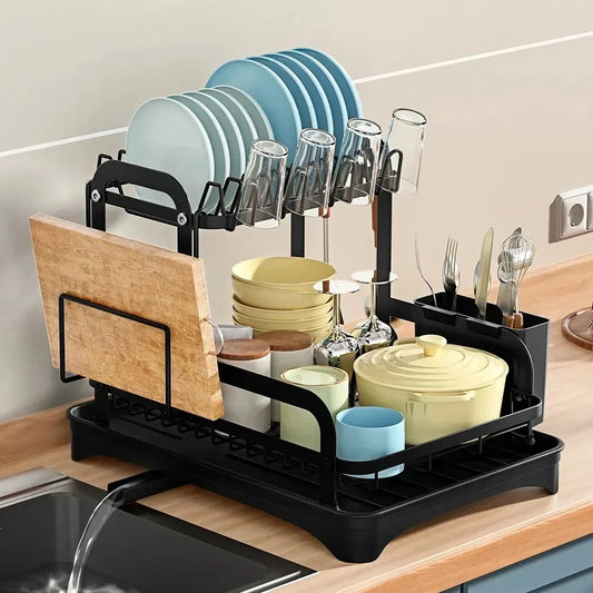 Double-Layer Dish Drainer with Basket – Countertop Dinnerware Storage Rack
