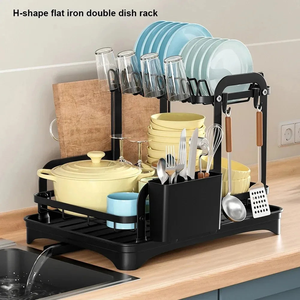 Double-Layer Dish Drainer with Basket – Countertop Dinnerware Storage Rack