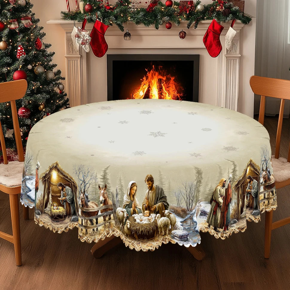 Christmas Nativity Scene Table Cover – Elegant Round & Rectangular Options