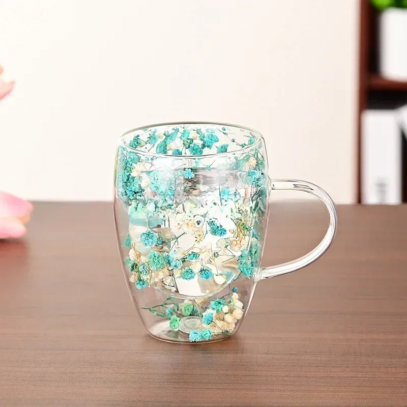 Petal Glow Heat Resistant Glass Cup – Dried Flower Coffee & Tea Mug