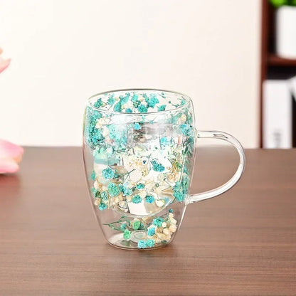 Petal Glow Heat Resistant Glass Cup – Dried Flower Coffee & Tea Mug
