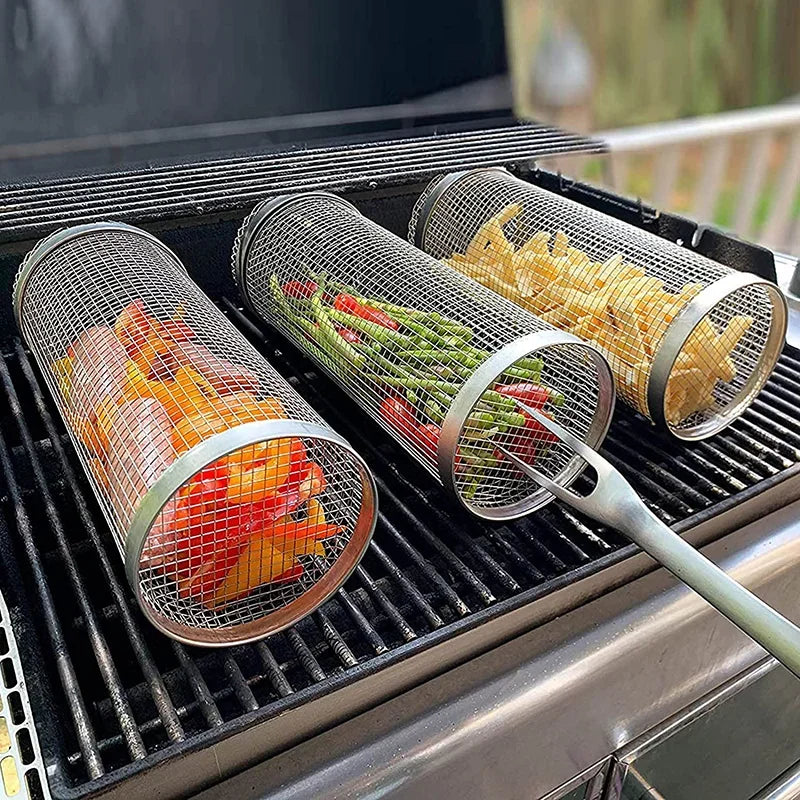 Stainless Steel BBQ Rolling Basket – Portable Outdoor Grill Cylinder