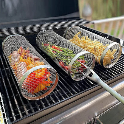 Stainless Steel BBQ Rolling Basket – Portable Outdoor Grill Cylinder