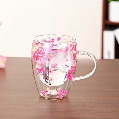 Petal Glow Heat Resistant Glass Cup – Dried Flower Coffee & Tea Mug