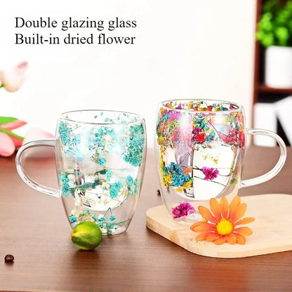 Petal Glow Heat Resistant Glass Cup – Dried Flower Coffee & Tea Mug