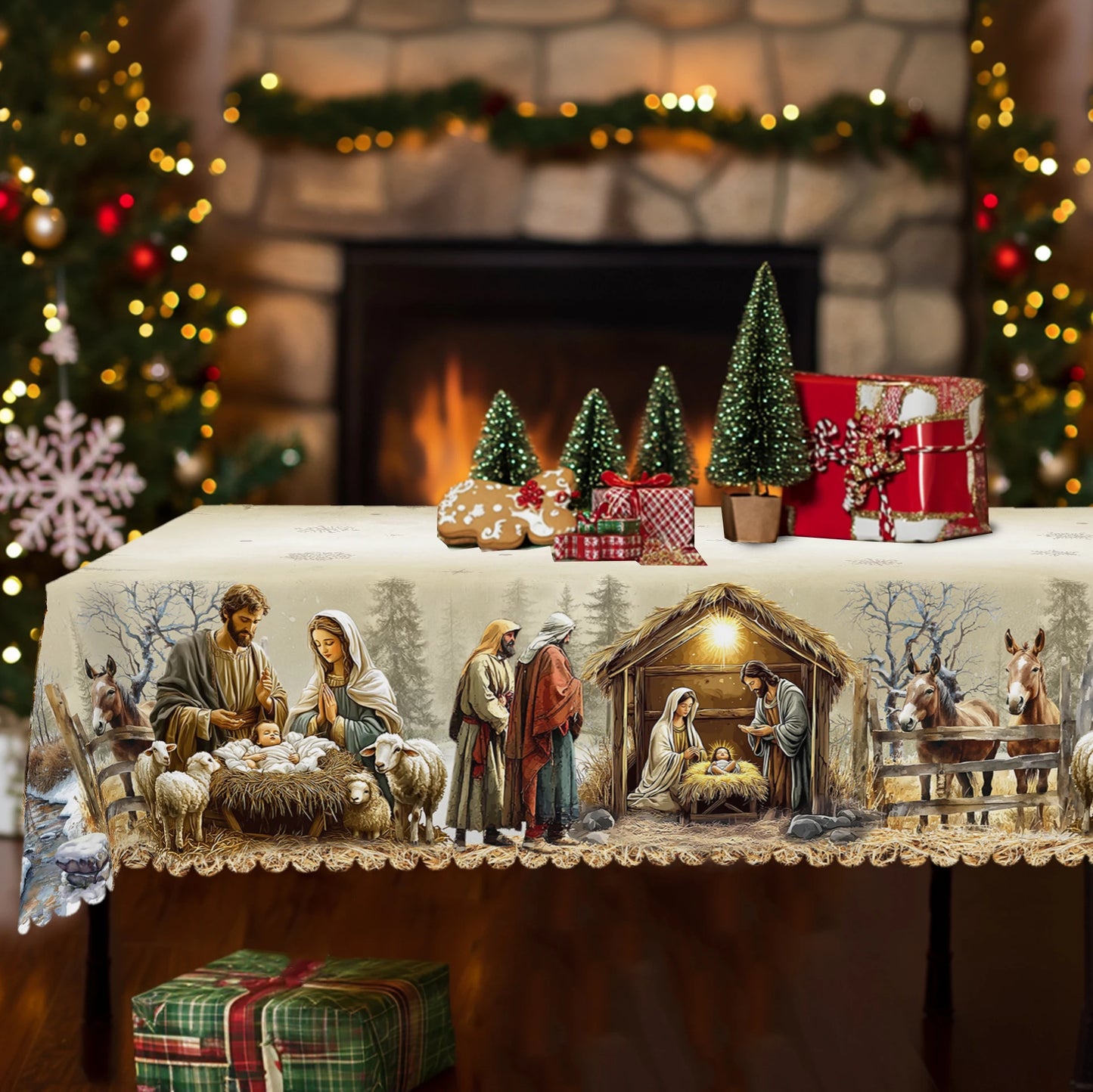 Christmas Nativity Scene Table Cover – Elegant Round & Rectangular Options