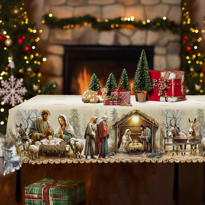 Christmas Nativity Scene Table Cover – Elegant Round & Rectangular Options