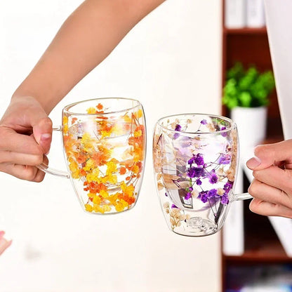 Petal Glow Heat Resistant Glass Cup – Dried Flower Coffee & Tea Mug
