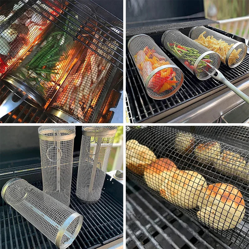 Stainless Steel BBQ Rolling Basket – Portable Outdoor Grill Cylinder