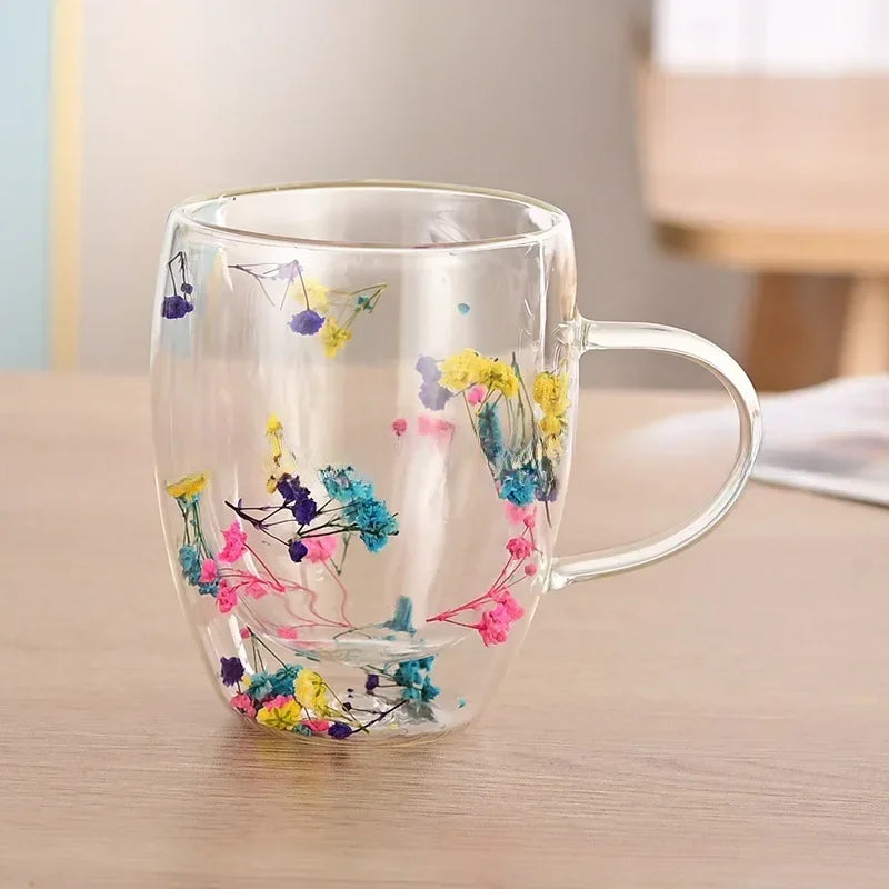 Petal Glow Heat Resistant Glass Cup – Dried Flower Coffee & Tea Mug