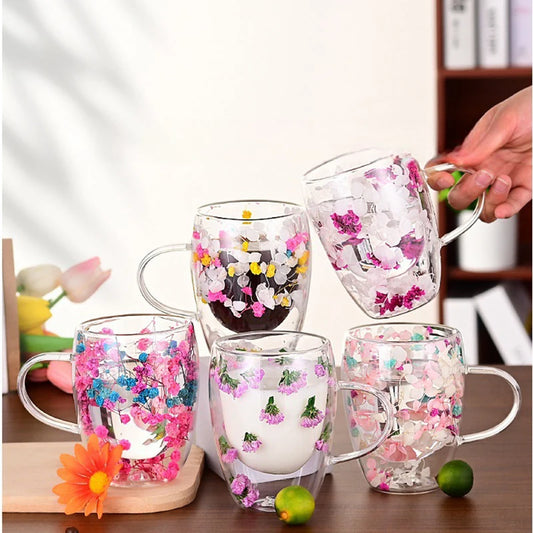 Petal Glow Heat Resistant Glass Cup – Dried Flower Coffee & Tea Mug