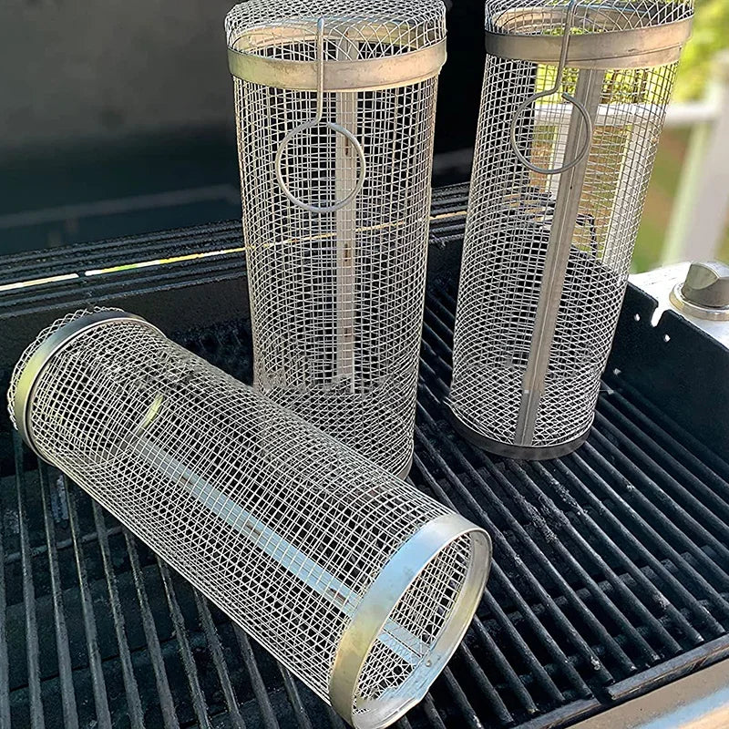 Stainless Steel BBQ Rolling Basket – Portable Outdoor Grill Cylinder