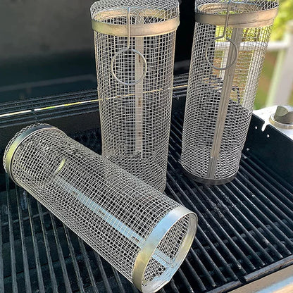 Stainless Steel BBQ Rolling Basket – Portable Outdoor Grill Cylinder