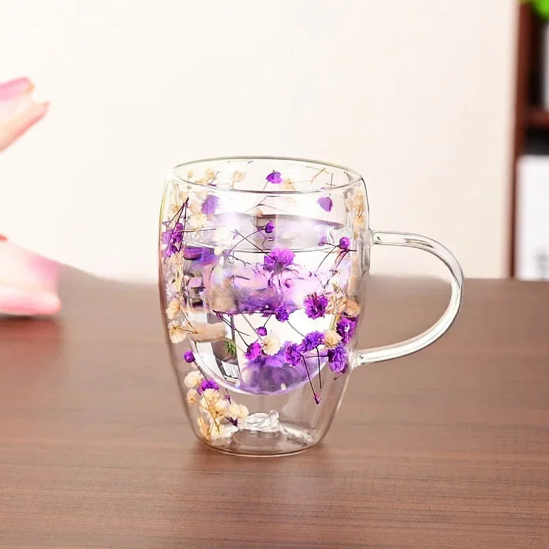 Petal Glow Heat Resistant Glass Cup – Dried Flower Coffee & Tea Mug