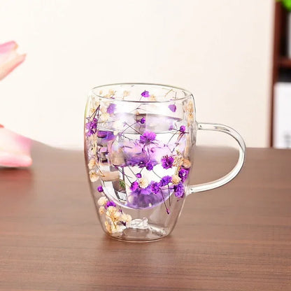 Petal Glow Heat Resistant Glass Cup – Dried Flower Coffee & Tea Mug