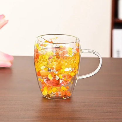 Petal Glow Heat Resistant Glass Cup – Dried Flower Coffee & Tea Mug