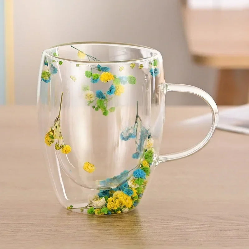 Petal Glow Heat Resistant Glass Cup – Dried Flower Coffee & Tea Mug
