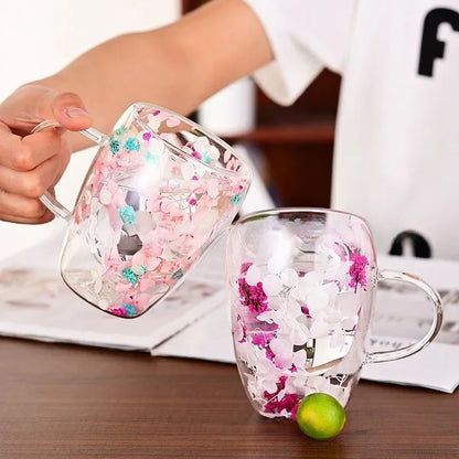 Petal Glow Heat Resistant Glass Cup – Dried Flower Coffee & Tea Mug