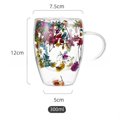 Petal Glow Heat Resistant Glass Cup – Dried Flower Coffee & Tea Mug